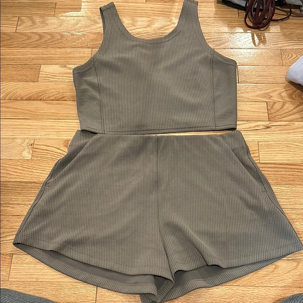 Lululemon Ribbed Olive Green Tank and Shorts Set